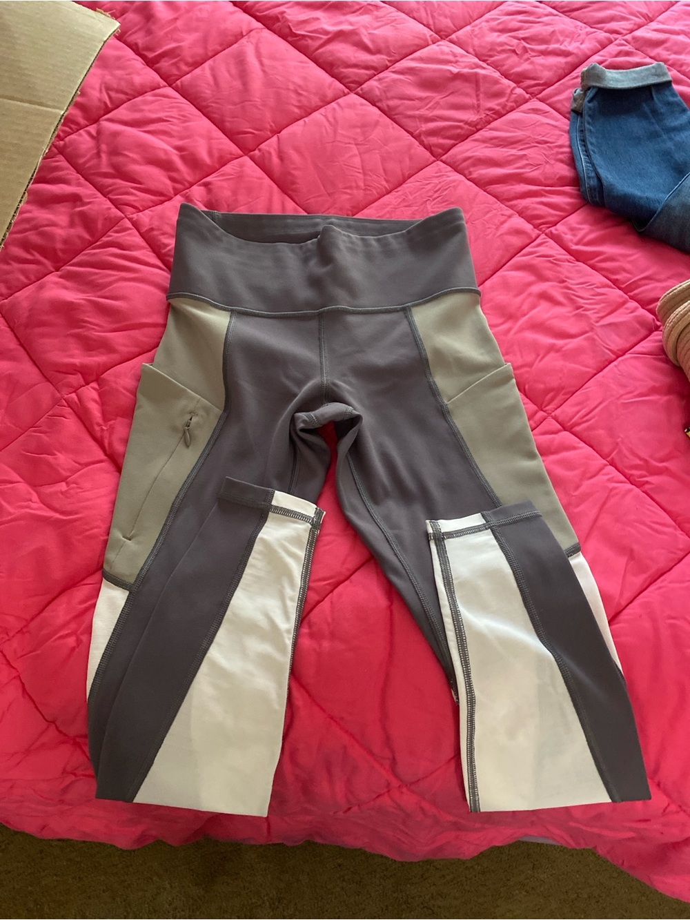 Athena Colorblock Cropped Leggings in Gray, Tan, Cream